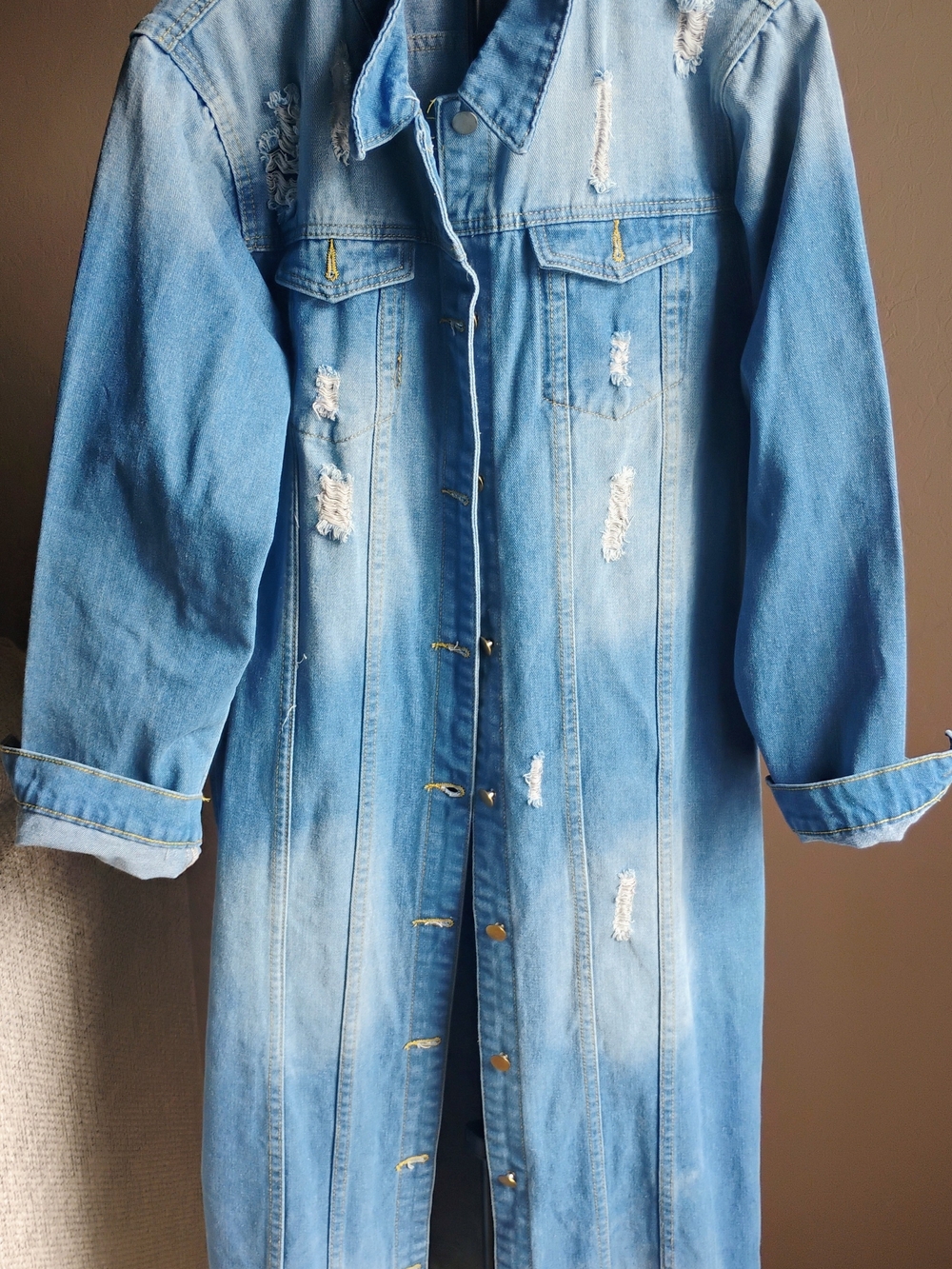 Light Blue Size L Women's Distressed Long Denim Jacket Coat